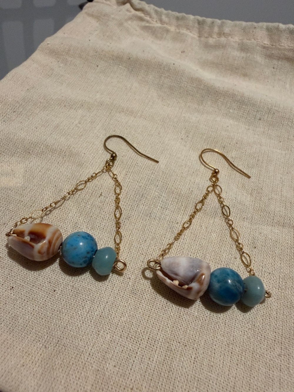 Handmade Gold Chain Earrings with Blue Beads and Shell Accents